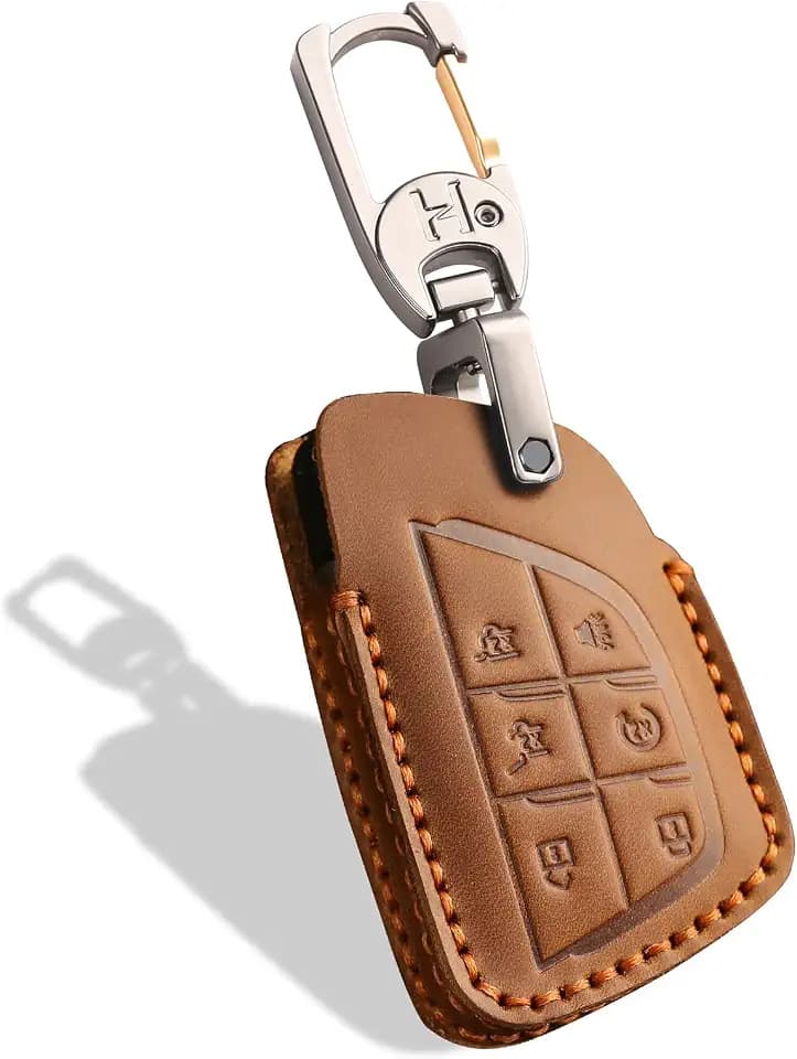 6-Button Leather Key Fob Cover, Compatible with GMC Denali Yukon Sierra 2021-2026, Brown