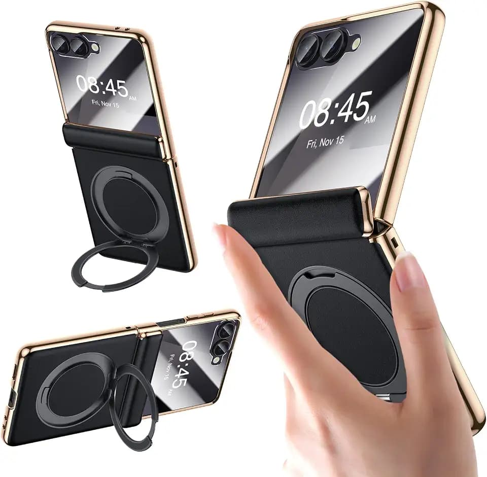 for Galaxy Z Flip 7 Case Luxury Leather with Screen Protector [Hinge Protection],Fit for Magsafe,Magnetic Kickstand & Ring Holder for Samsung Z Flip 7 Case Black