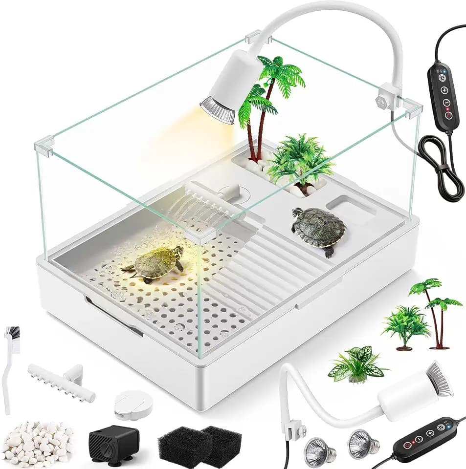 MoonOrange Turtle Tank Kit(Tank + Light + Water Pump), Acrylic Turtle Tank Starter Kit with Two Rain Shower Head, Adjustable Water Pump, Higher Fences (Kit-M)