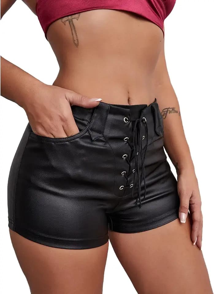 Floerns Women's Sexy High Waisted Drawstring Lace Up Faux Leather Shorts
