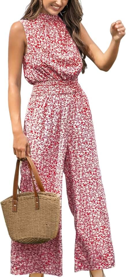 CUPSHE Women's Floral Mock Neck Sleeveless Wide Leg Jumpsuit with Pockets