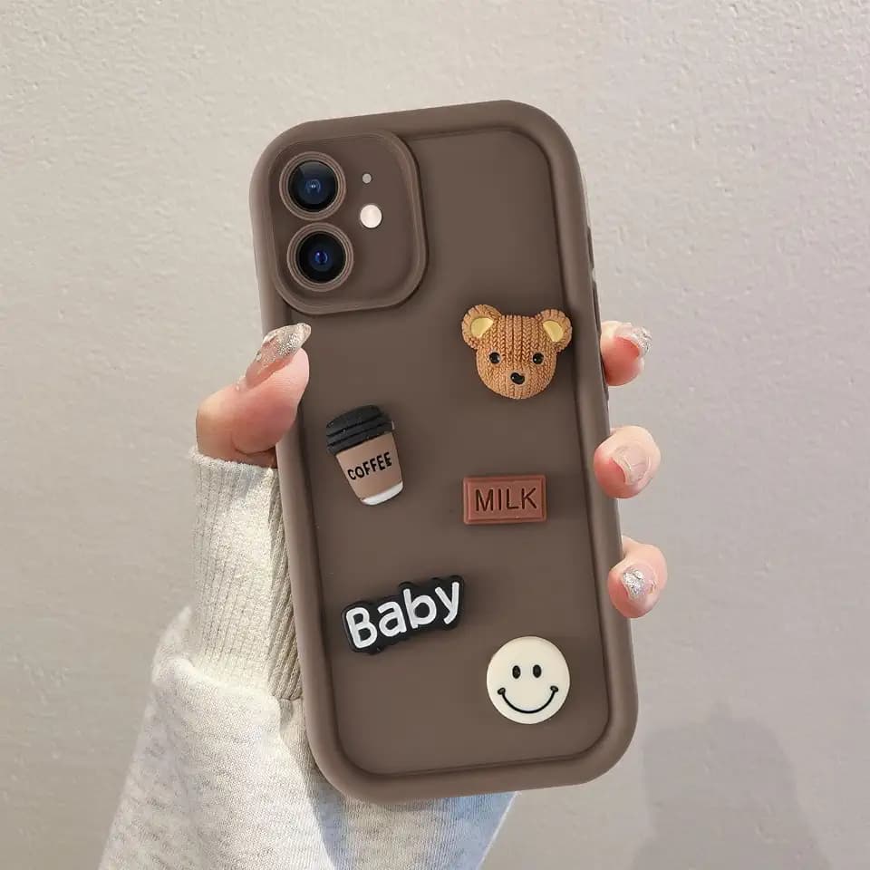 Coalbooliy Handyhülle für iPhone 12 hülle 6,1'', Aesthetic 3D Teddybär Muster Design Kaffeefarbe Weiche TPU Silikon Stoßfest Kameraschutz Schutzhülle Bumper Ultra Dünn Mädchen Case, 01