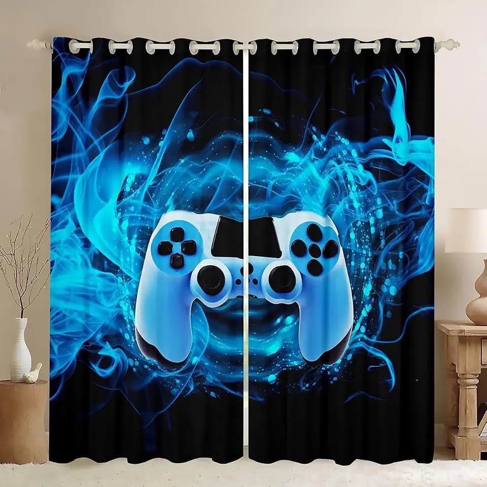 Vorhänge für Spiele, Schlafzimmer, Wohnzimmer, Spielzimmer, Verdunklungsvorhänge, Kinder, Jungen, Videospiel, Gamepad, wärmeisoliert, Fenstervorhänge, Konsole, Spielkonsole, Vorhang, blau, W46 x L54