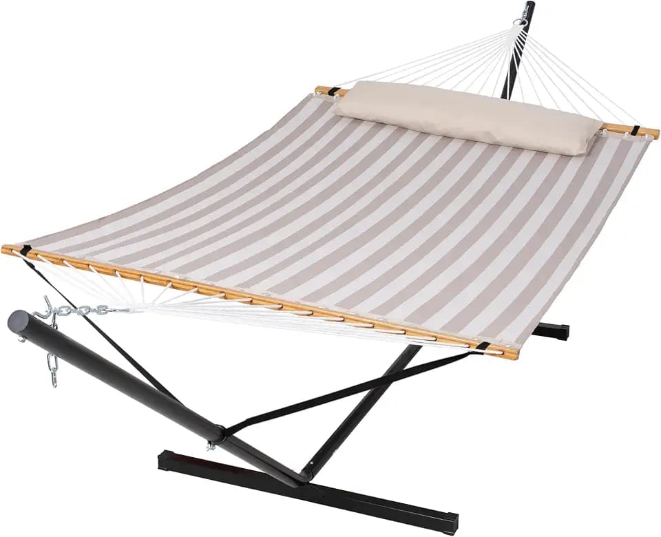 SUNCREAT Outdoor Portable Hammock with Stand, Light Gray Stripes