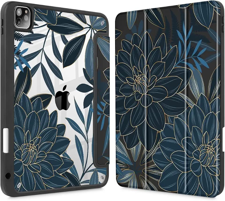 Tuiklol for iPad Pro 11 Inch 4th / 3rd / 2nd / 1st Gen (2022 2021 2020 2018) Case -Built-in Pencil Holder Shockproof Cover Clear Transparent Back Shell with Auto Wake/Sleep, Black Flower