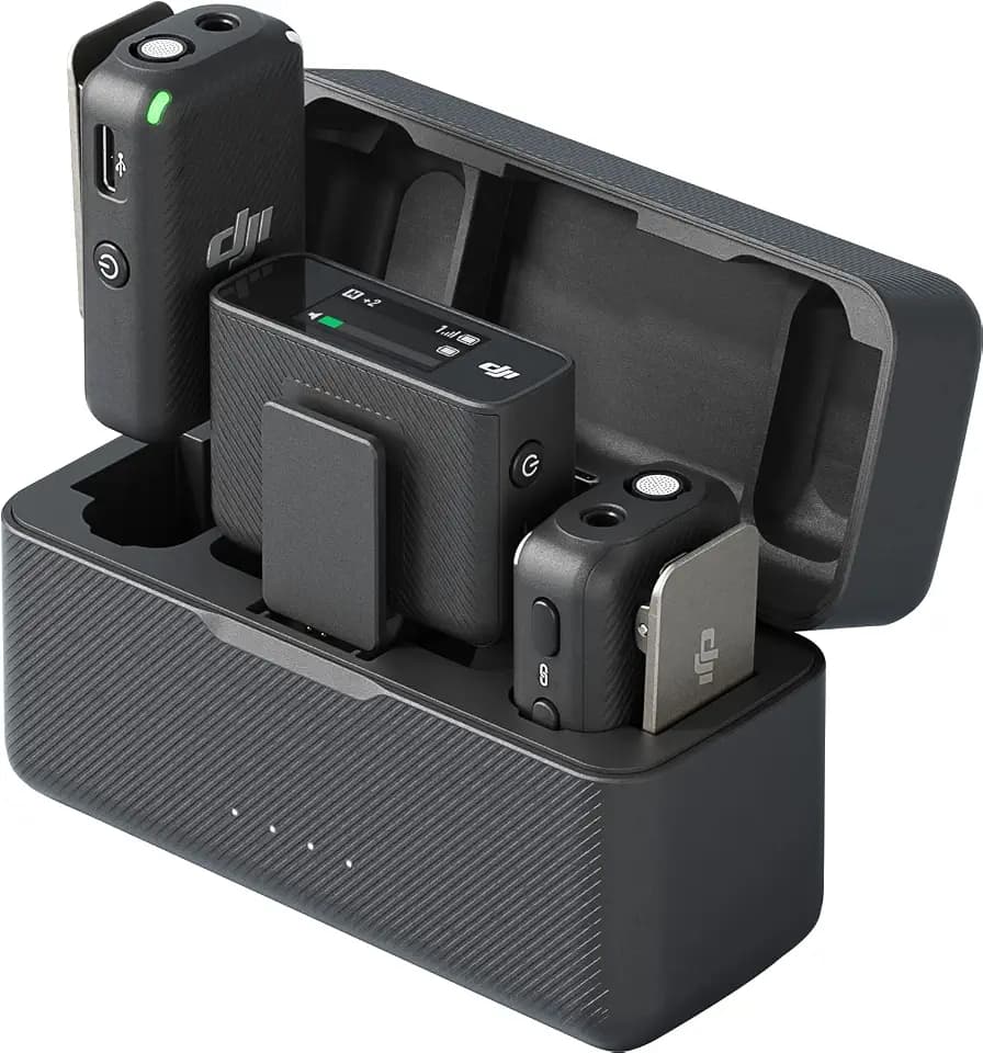 DJI Mic (2 TX + 1 RX + Charging Case), Wireless Lavalier Microphone, 250m (820 ft.) Range, 15-Hour Battery, Noise Cancellation Wireless Microphone for PC, iPhone, Record Interview, YouTube, Black