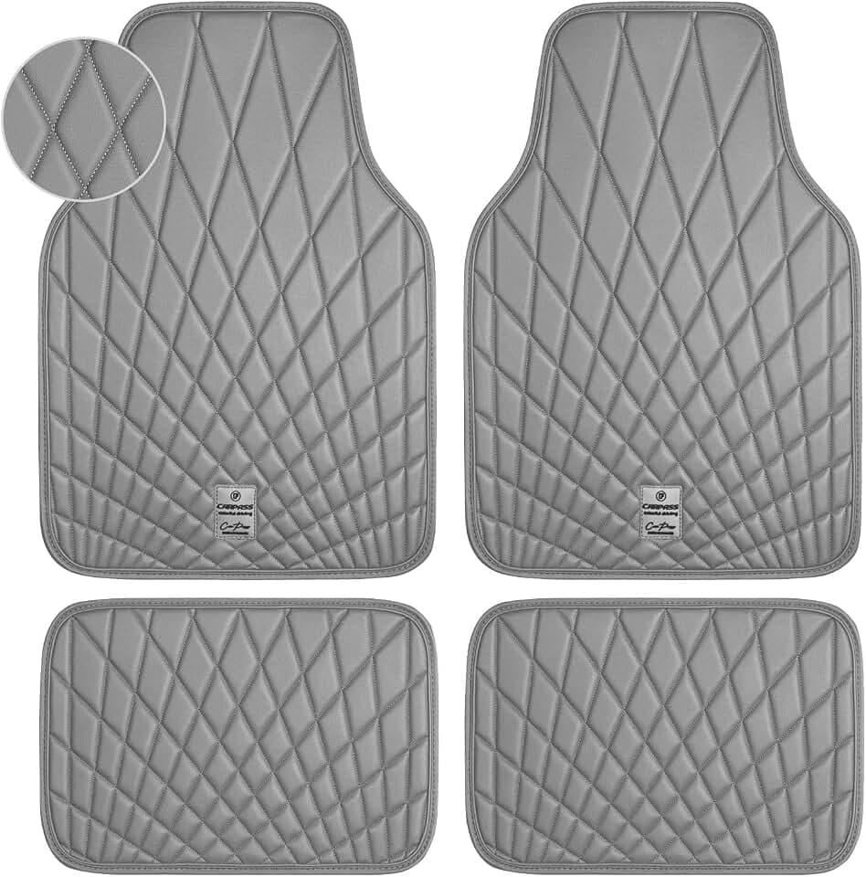 CAR PASS Luxury Faux Leather Floor Mats for Cars, Waterproof All Weather Car Mats Full Set, Anti-Slip Deluxe Automotive Floor Mats Universal Fit for Most SUV,Vans,Sedans,Trucks, 4 Piece Gray