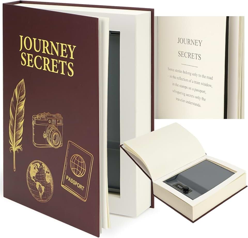 Large Decorative Book Safe with Combination Lock, 10.82"×7.67"×1.77" Hidden Storage Diversion Box for Cash, Phone, Passport, Valuables – Home Office Bookshelf, Journey Secrets