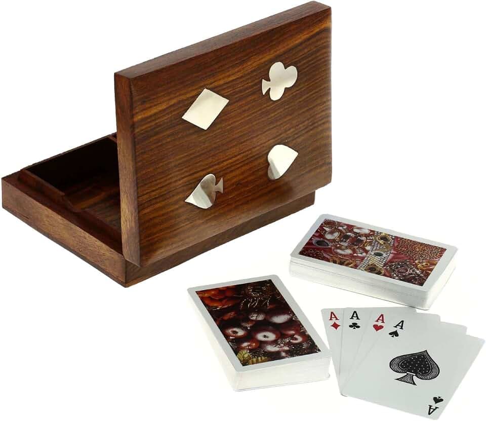 Ajuny Kartenbox Holz Doppeldeck mit 2 Spielkartendecks Messing Inlay