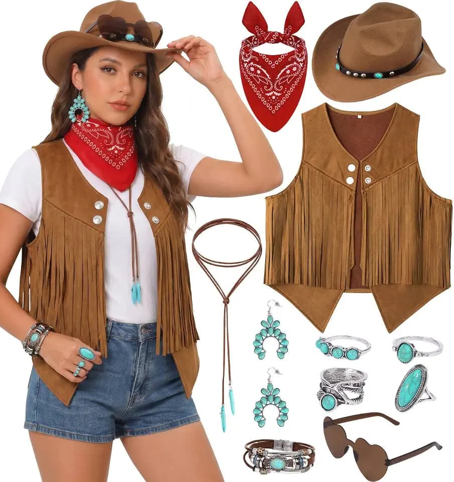 Western Cowgirl Outfits for Women Long Fringe Sleeveless Vest Retro 70s Cowboy Accessories Hippie Country Set 7PCS