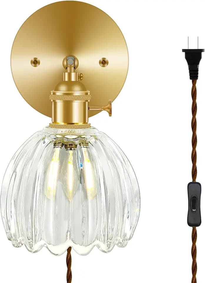 Wall Sconces, Tulip-Shaped Glass Shade, Modern Wall Lamp with Knob & in-line Switch, for Home Bedroom Doorway Decoration (Clear Glass + Brass Finish, 1-Pack Plug-in)