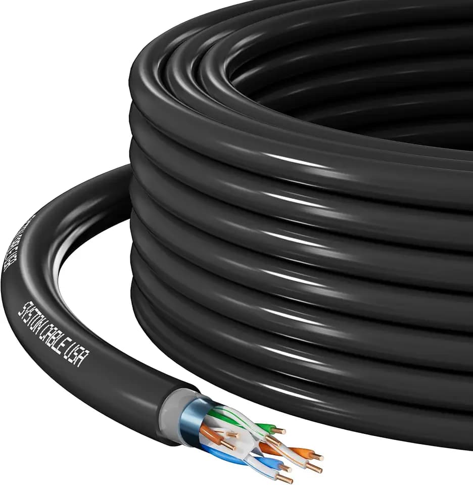 Syston Direct Burial Shielded Cat 6E Ethernet Network Cable, Bulk 600 MHz F/UTP 23 AWG Pure Bare Copper Outside Plant (OSP) - Rated, Waterproof Dual-Layer Jacket for Outdoor Wet Location Application