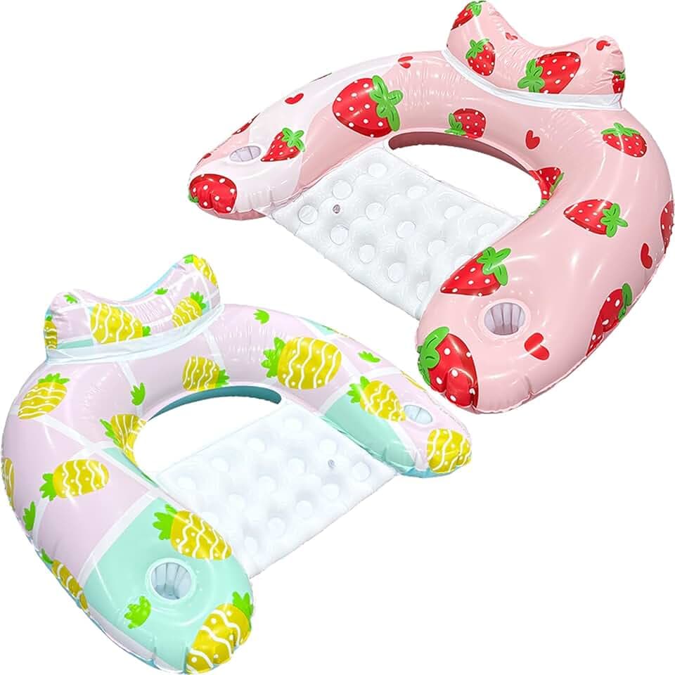 Inflatable Pool Float Chairs -Floating Pool Chair Lounge Floats for Swimming Pool Water Chair Pool Lounger with Cup Holder and Handles Pool Party Floaties for Adults (2, Pineapple-Strawberry)