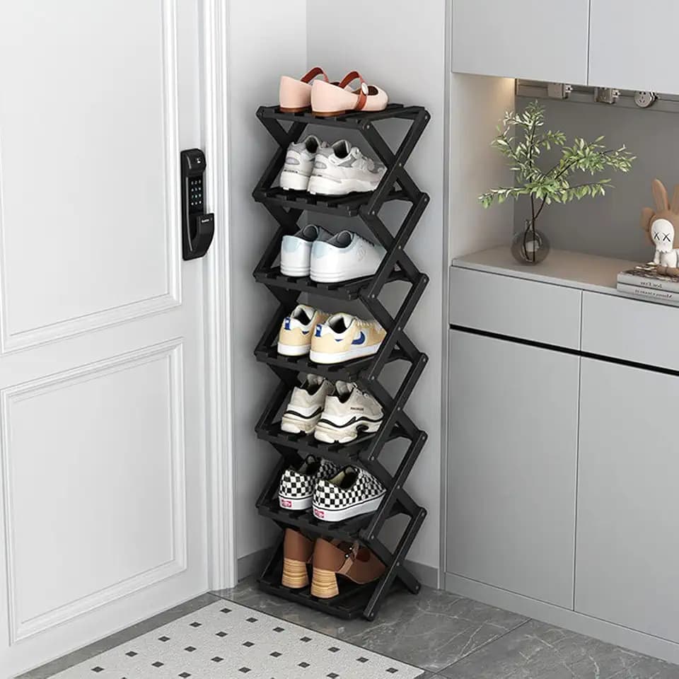 Vertical Narrow Shoe Rack Black, 7 Tier Portable Folding Shoe Storage Rack, Without Installation Free Standing Shoe Rack for Corridors, Bedrooms Living Room Corner and Small Spaces