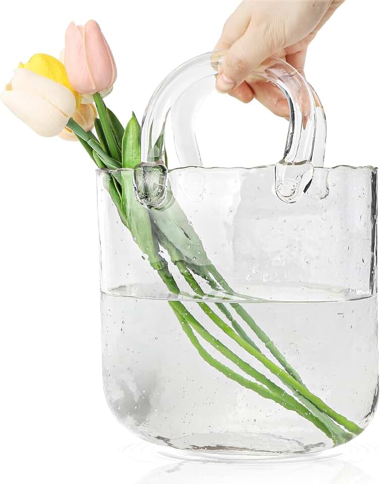 DBREAKS Glas Handtasche Vase, Tasche Glasvasen, Klare Handgemachte Vase, Kreative Bubble Handtasche Blumenvase, Geldbörsenvase(Transparent)
