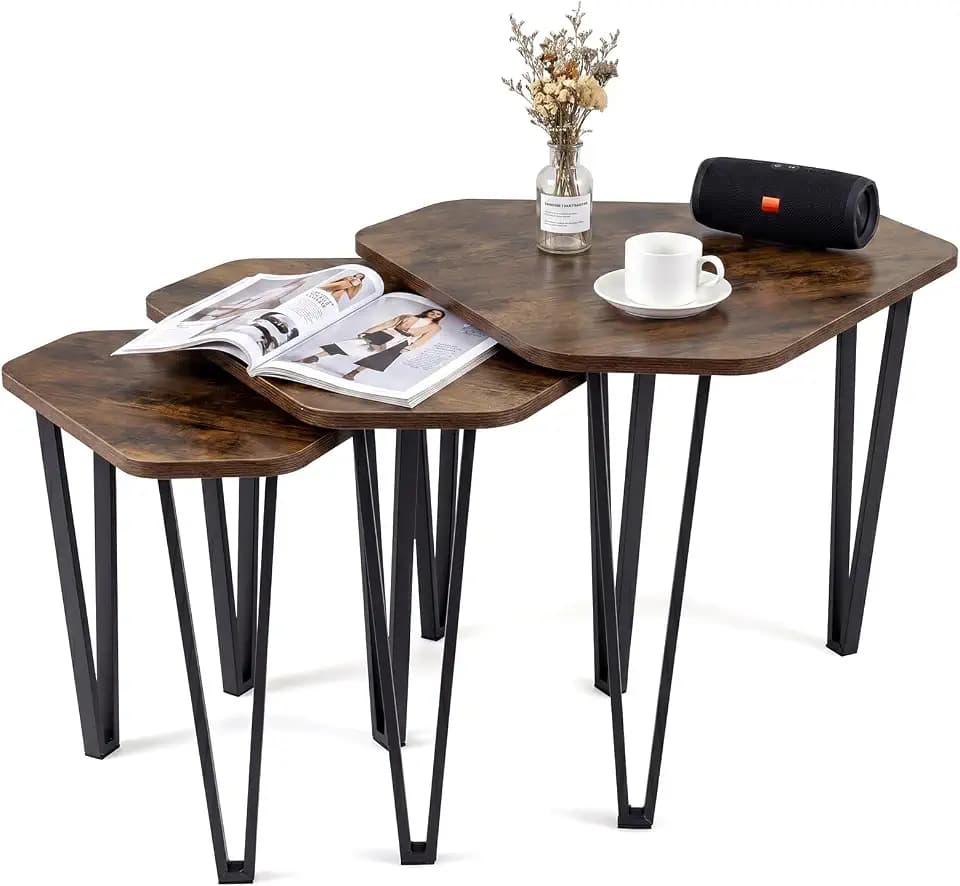 FANTASK 3er Set Beistelltisch, mit Beinen aus Stahl, sechseckiger Couchtisch in 3 Größen, Satztische, stabil, Möbel für Sofa, Couch, Deko Wohnzimmer