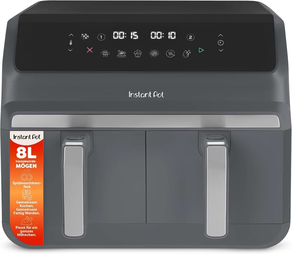 Instant Pot - Vortex Dual Trüffelgrau-Heißluftfritteuse - Groß, 8 l, Familiengröße, zweifach, doppelte 4-l-Körbe, 8 in 1 - Dörren, Grillen, Backen, Braten, Antihaftbeschichtung, Spülmaschinenfest