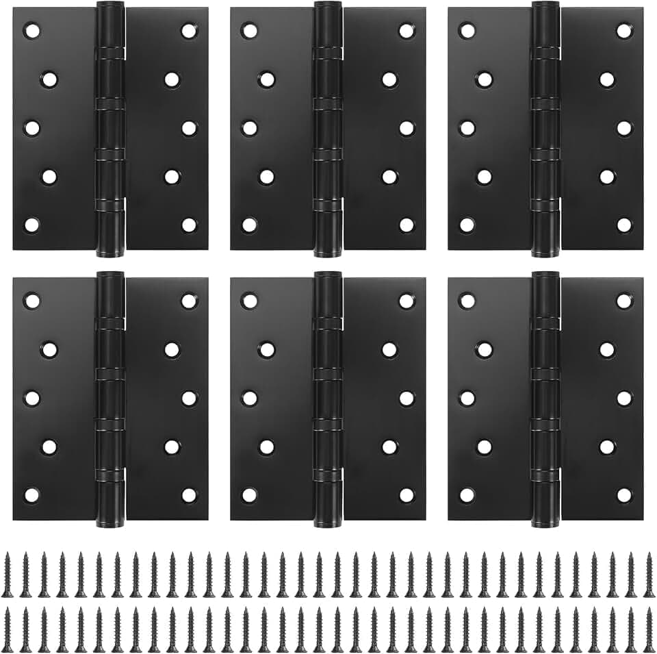 6 Pack Ball Bearing Door Hinges with Square Corners, 5 x 4 Inch Heavy Duty Stainless Steel Hinges with Screws for Exterior & Interior Doors, Matte Black