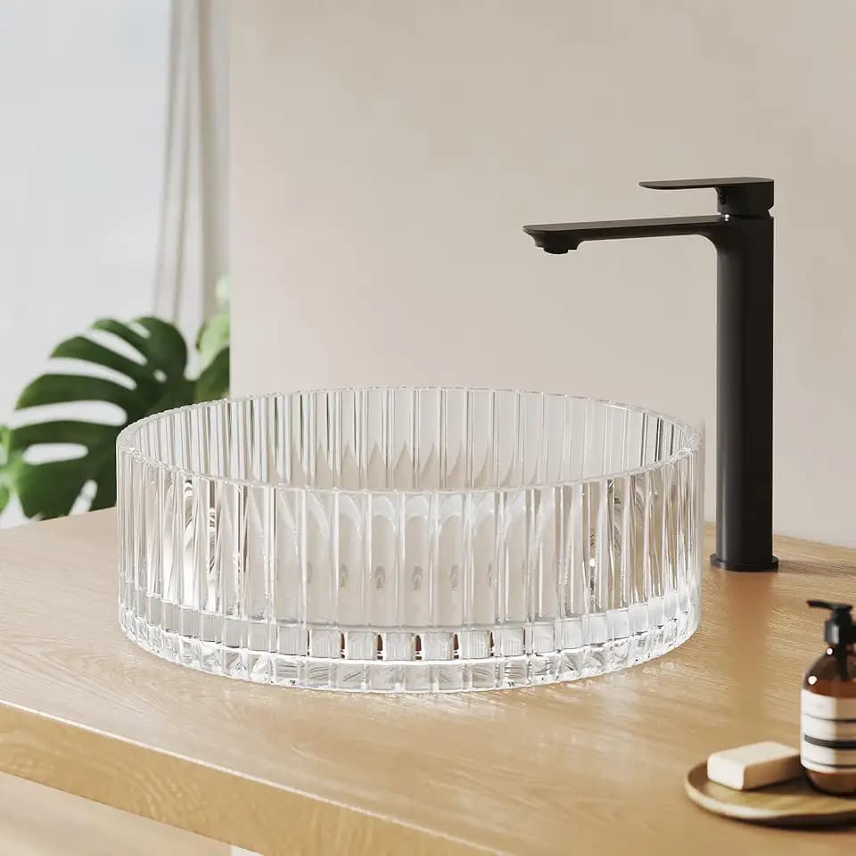 EMKE Glas Aufsatzwaschbecken Rund, 40 x 40 x 12 cm, transparent | Glaswaschbecken, Hochwertiges Glas, 45 mm-Ablauföffnung, Pflegeleichte, Großvolumen Waschtisch für Badezimmer und Gäste-WC