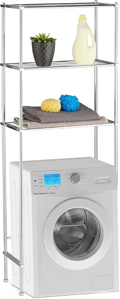 Relaxdays Überbauregal Waschmaschine, WC-Regal mit 3 Ablagen, Waschmaschinenregal Chrom, HBT: 162 x 63 x 30 cm, Silber