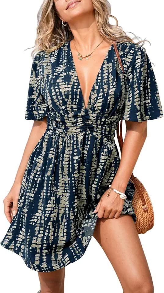 CUPSHE Women's Plunging V Neck Flutter Sleeve Smocked Waist Mini Dress