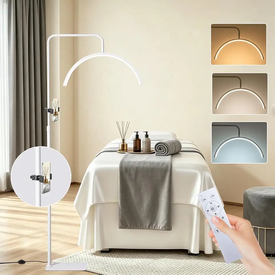 Stehlampe 120–154cm Höhenverstellbare LED Stehlampe 3 Farbig Stehlampe Dimmbar Drehbarer Lampenkopf mit SmartphoneHalterung Fußschalter Stehleuchte als Zusatzbeleuchtung für Kosmetiksalons
