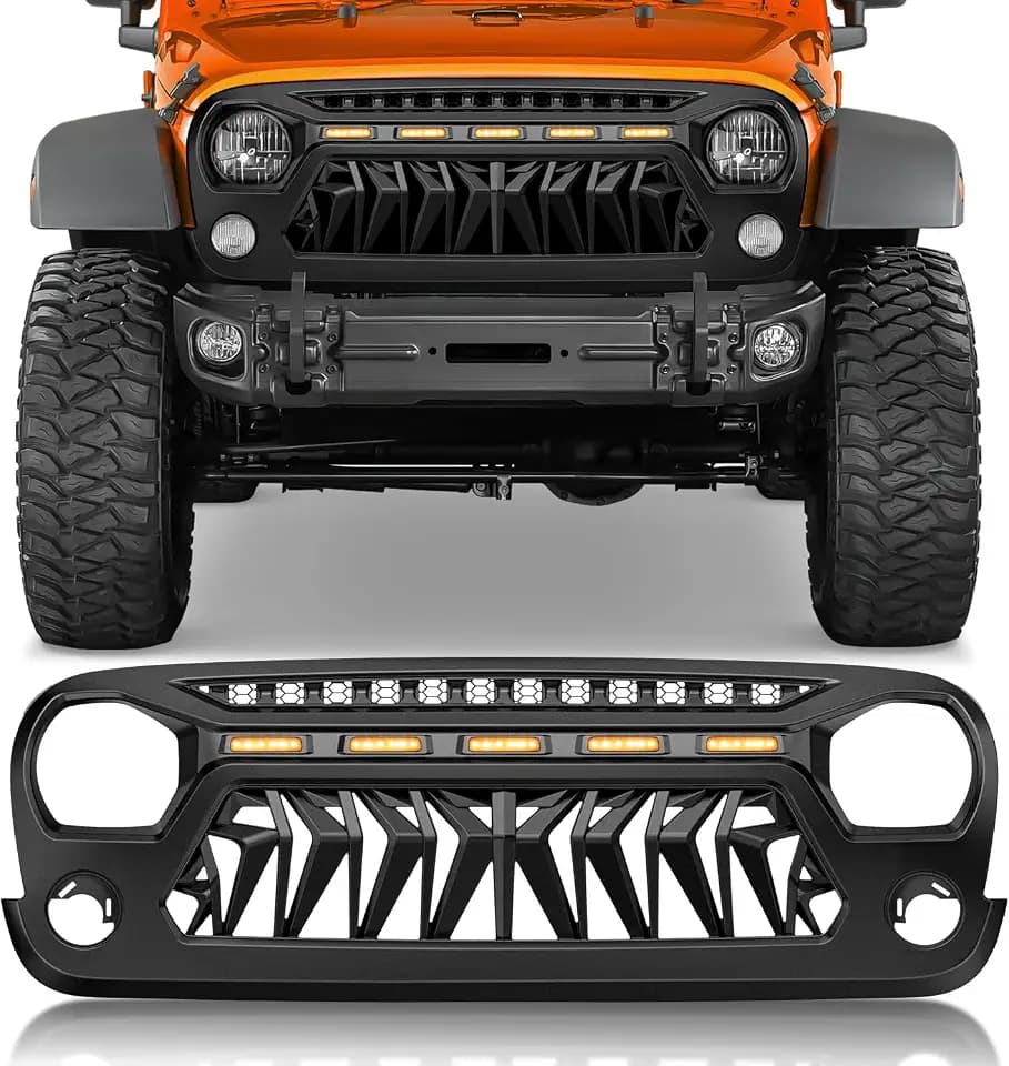 Nilight Front Grill Cover for 2007 2008 2009 2010 2011 2012 2013 2014 2015 2016 2017 2018 Wrangler JK/JKU Rubicon & Sahara Sport with LED Amber Lights Black