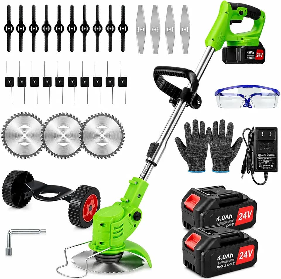 Weed Wacker Cordless,24v Electric Weed Eater Battery Powered with 2 4.0 Ah Batteries & Charger,Lightweight Weed Wacker with Wheels & Blade,3 in 1 Grass Trimmer for Women,Lawn Care,Garden,Yard (Green)