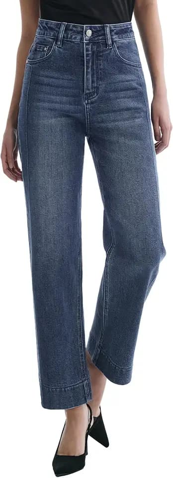 Women’s Straight Leg Jeans High Waisted Cropped Trendy Jeans Wide Leg Zipper Denim Pants