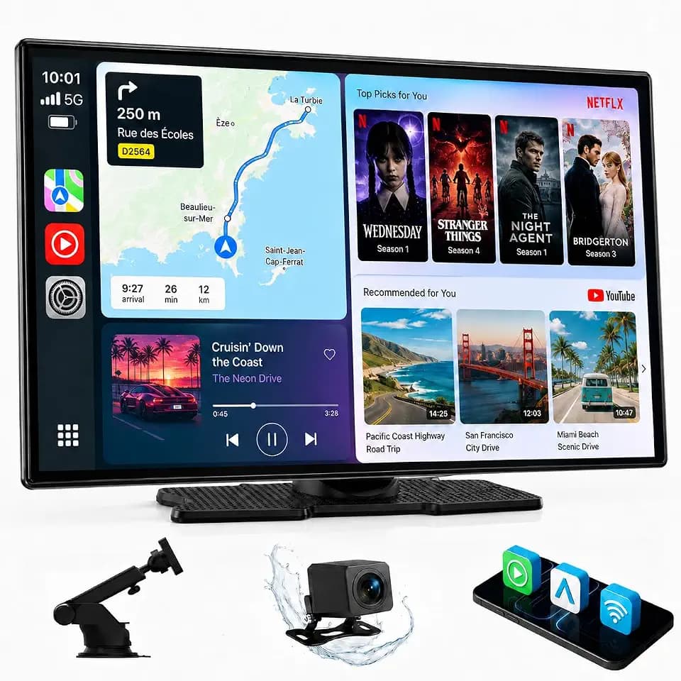 Volam Carplay Bildschirm Android Auto Display&Wireless CarPlay,tragbares carplay mit Net-filx/YouTube,Tragbares Autoradio 9'' car Play Display Auto,HD-Kamera,Siri/G00gle-voice mit iOS10+ Android11+