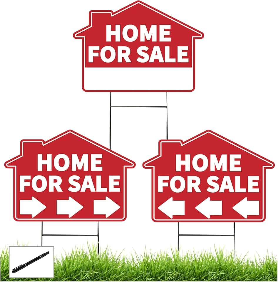 3 Pack Home For Sale Signs, House for Sale Sign with Metal Stakes - 17"x12" Double Sided Weatherproof Yard Sale Signs with Directional Arrows - Ideal for Real Estate Agents & Property Sales (Red)