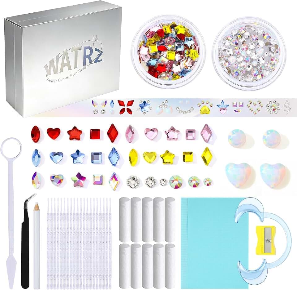 WATRZ Teeth Gem Kit,Tooth Gems Kit for Teeth DIY Crystals Teeth Diamonds Jewel Kit for Girls Y2K Fashionable Butterfly Love Cross Spider for Boys Harmless (White-o)
