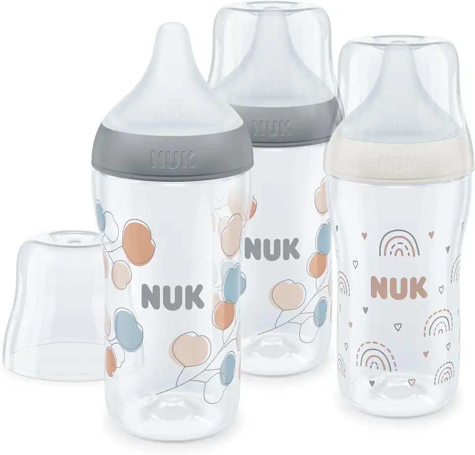 NUK Perfect Match Babyflaschenset | Ab 3 Monate | Passt sich dem Baby an | Temperature Control | Anti-Colic | 260 ml | Silikontrinksauger, Medium | Regenbogen und Zweig | 3 Stück
