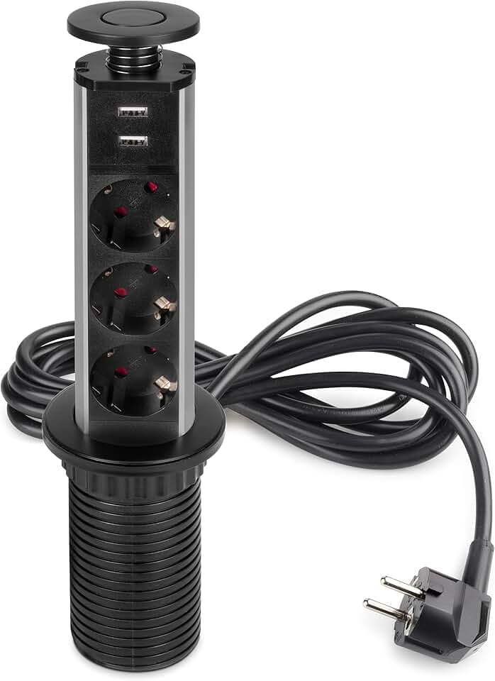 Emuca - Versenkbare Steckdosenleiste mit 3 EU Schuckosteckdosen und 2 USB Ladestationen, versenkbare einbausteckdose für küchenarbeitsplatte oder bürotisch, Schwarz, Kunststoff und Aluminium