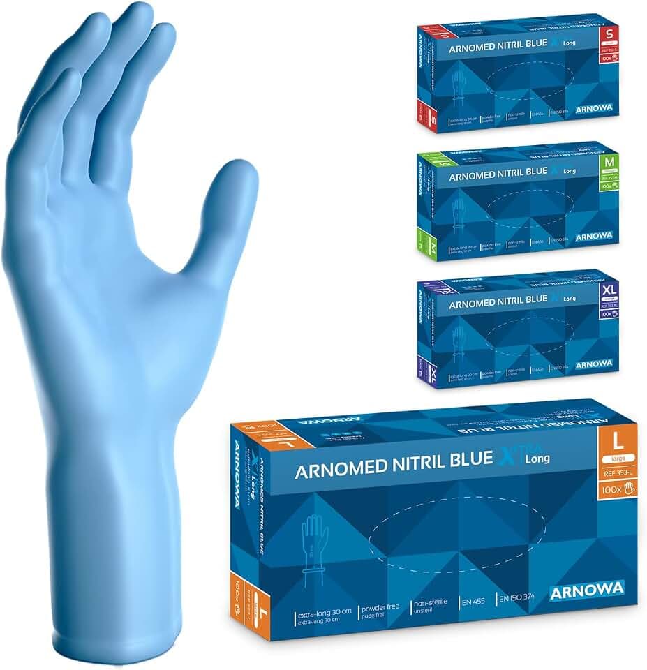 100x ARNOMED® Einweghandschuhe Blau Extra Lang & Stark, Nitril Handschuhe XL