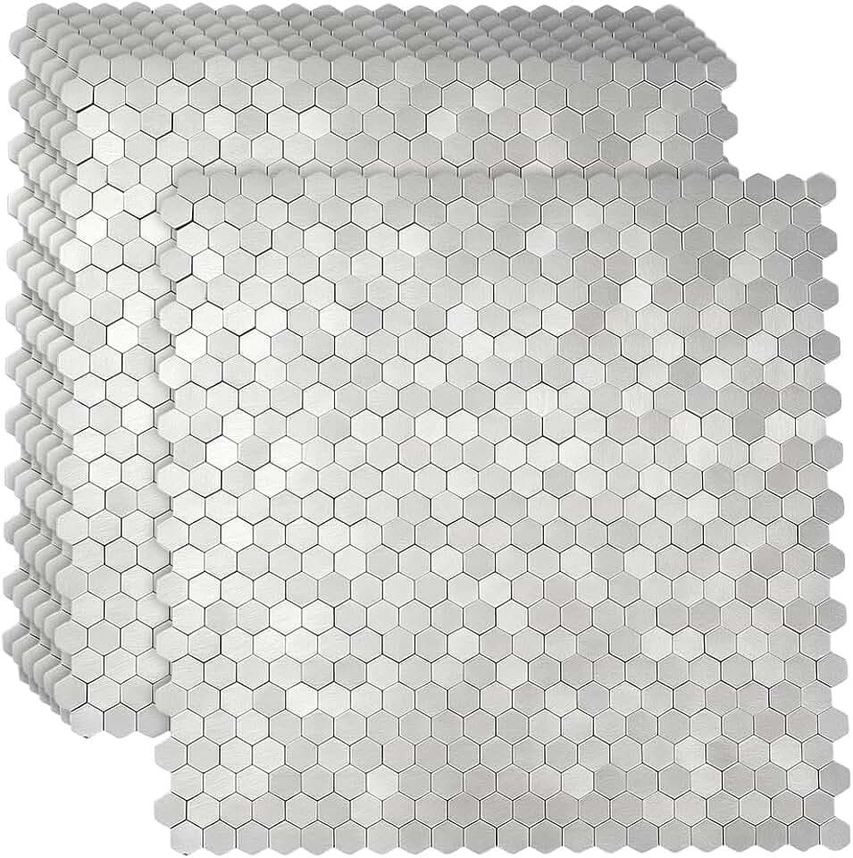 PH PandaHall 7 Sheets Hexagon Peel and Stick Backsplash Tiles, Aluminum Metal Wall Tiles Silver Honeycomb Adhesive Wall Sticker Thick Kitchen Mosaic Tile for Kitchen Bathroom Art Decor, 12.5x12.3inch