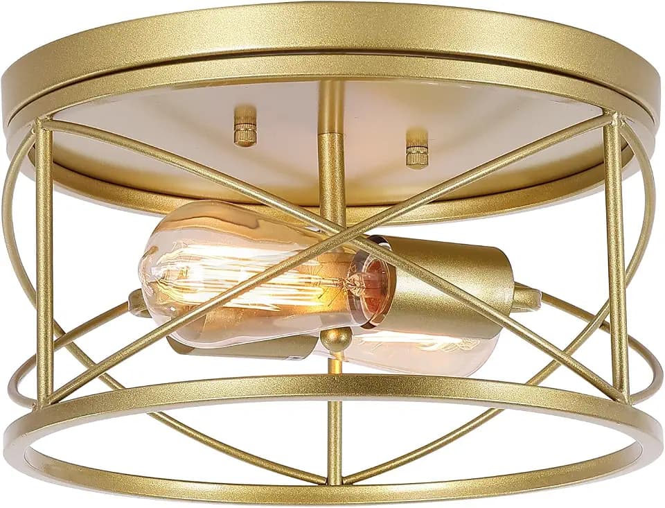 2-Light Flush Mount Ceiling Light Fixture, Industrial Modern Gold Ceiling Lamp, Vintage Farmhouse Light Fixture for Hallway, Bedroom, Dining Room, Living Room, Kitchen, Entryway