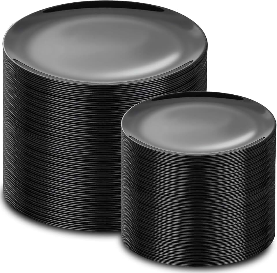 PULOTE 200PCS Black Plastic Plates - Heavy Duty Black Disposable Include 100 Each (10 inch Dinner & 7 inch Dessert) Plates, Disposable for Party, Birthday & Halloween