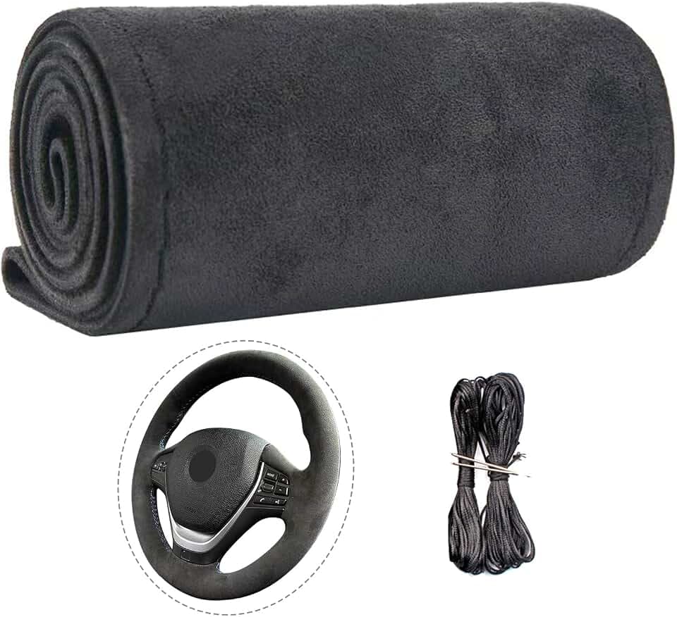 Suede Leather Steering Wheel Cover Wrap Kit - DIY Stitch-On for 14.5-15" Wheels, Superior Sweat Absorption & Non-Slip Grip, Comfortable & Durable Year-Round Upgrade