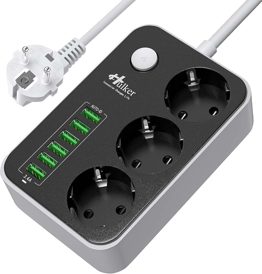 Hulker Steckdosenleiste mit Überspannungsschutz, Steckdosenleiste mit 3 Steckdosen Outlet + 6 USB-Ports, Überspannungsschutz, Kabel 1,6 m, Steckdosenleiste mit Schalter