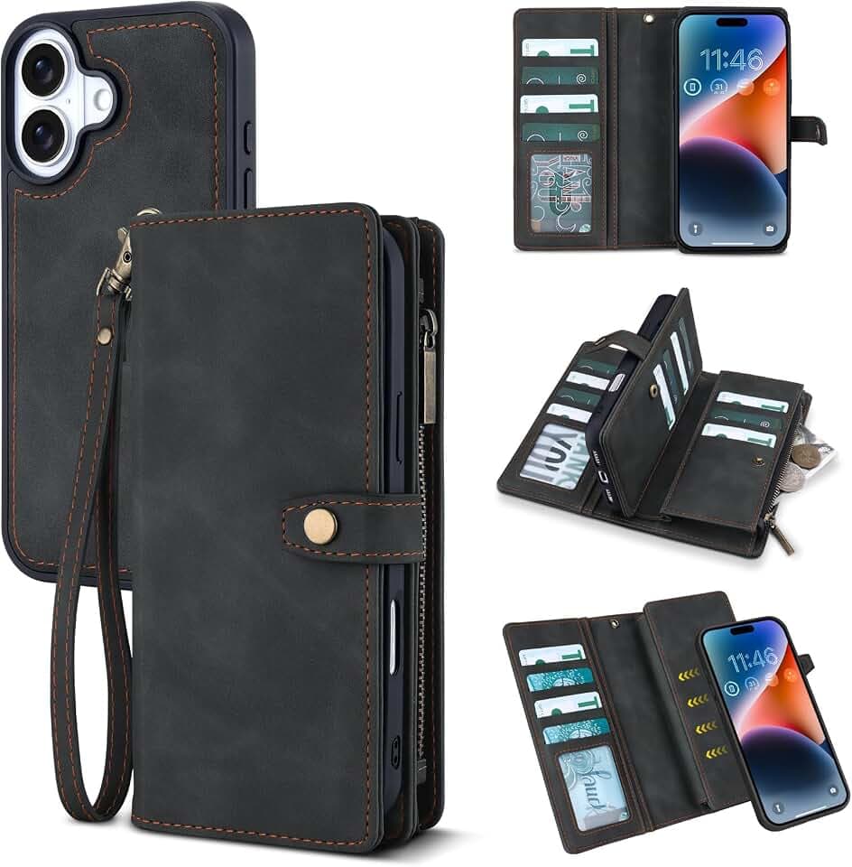 TwoHead Wallet Case for iPhone 17,with 11 Card Holders,Black