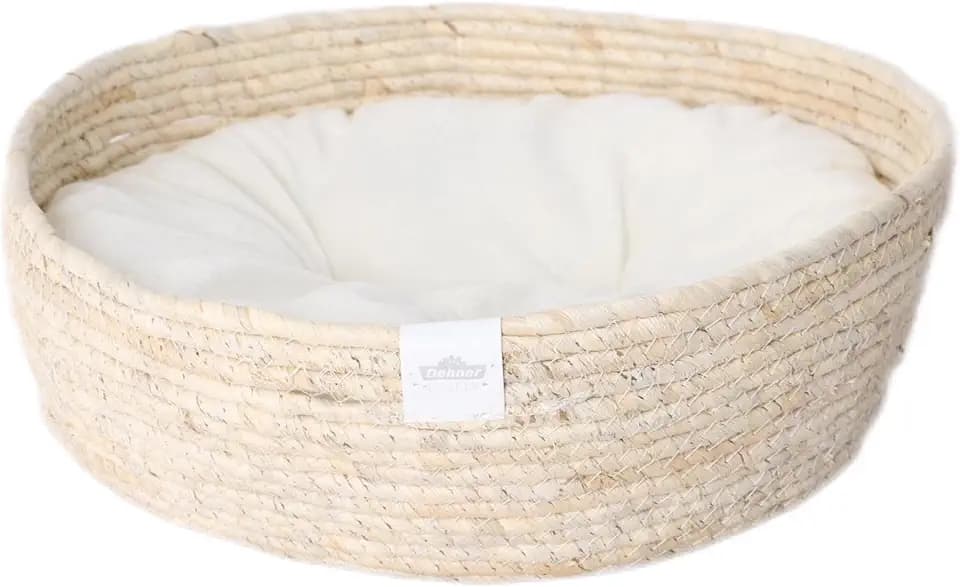 Dehner Premium Lovely Tierbett Guter Schlaf S, rund, beige, Ø 38 x H 13 cm | Hundebett / Katzenbett, Naturmaterial / Plüsch, inkl. weißem Wendekissen