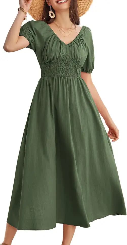 GRACE KARIN 2025 Damen-Sommerkleid, V-Ausschnitt, gesmokte Baumwolle, kurze Puffärmel, fließendes A-Linien-Maxikleid mit Taschen