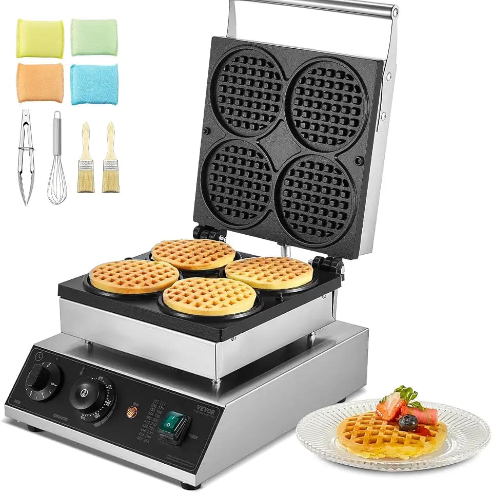 VEVOR kommerzielles Waffeleisen Waffelmaschine 1750 W antihaftbeschichtetes belgisches Waffeleisen aus Edelstahl mit Temperatur- und Zeitregelung, für Restaurant Bäckerei Snackbar 4 runde Waffeln