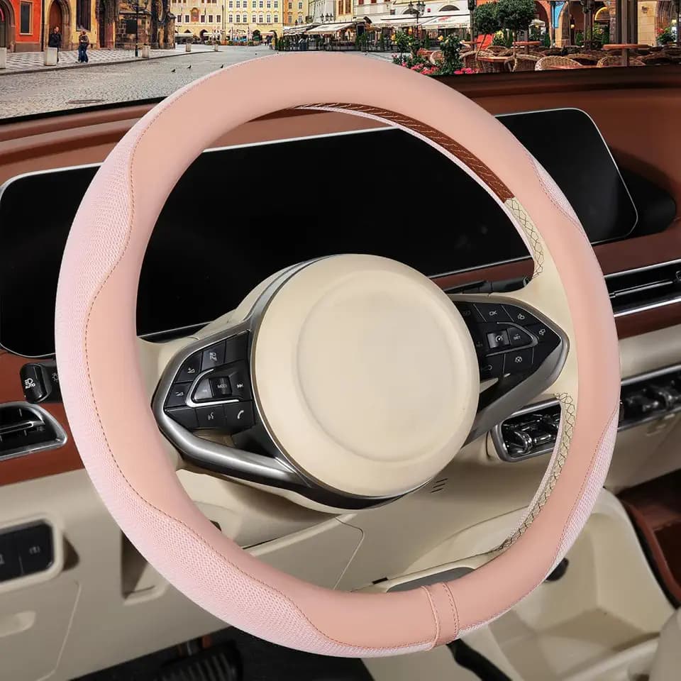 Nappa Leather Ice Silk Fabric Pink Steering Wheel Cover Women