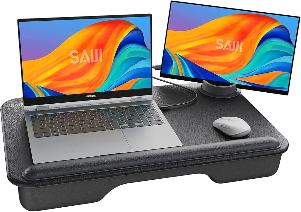 Laptop unterlage, SAIJI Laptopkissen Komfort Leder Desktop, mit Telefonhalter, Handgelenkauflage, Laptop Kissen für max. 17 Zoll Notebook, 6.7 Zoll Telefon, 12.9 Zoll Tablet, 54 * 33cm (Schwarz)