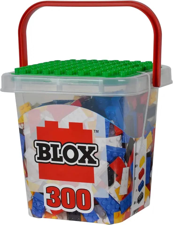 Simba 104114202 - Blox 300 Bausteine für Kinder ab 3 Jahren, 8er Steinebox mit Grundplatte, vollkompatibel, farblich gemischt, Blau, Rot, Schwarz, Weiß