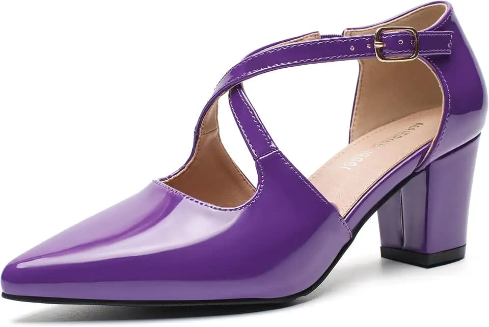 MAIERNISI JESSI Women's Pointed Toe Pumps, Crisscross Ankle Strap, 2 Inch Block Heel, Buckle Closure