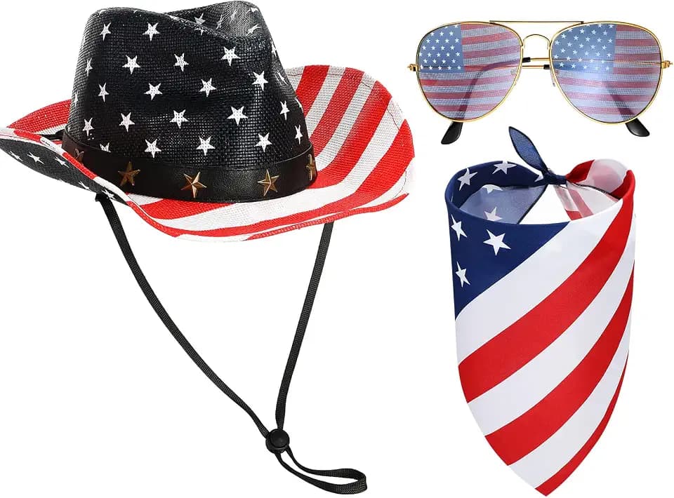 3 Pcs American Flag Cowboy Hat with Bandana and Glasses Cowboy Hat with Strap Halloween Cosplay Costumes for Masquerade