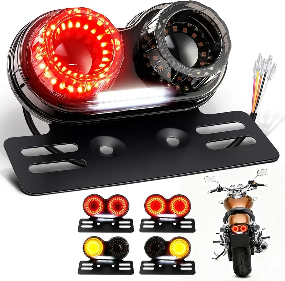 PBYMT Enhanced Motorcycle Tail Light, Break light Running Lights, IP67 Waterproof Turn Signals with License Plate Bracket Compatible with Street Bike Cruiser Chopper Bobber (Smoke, 90 LEDs)